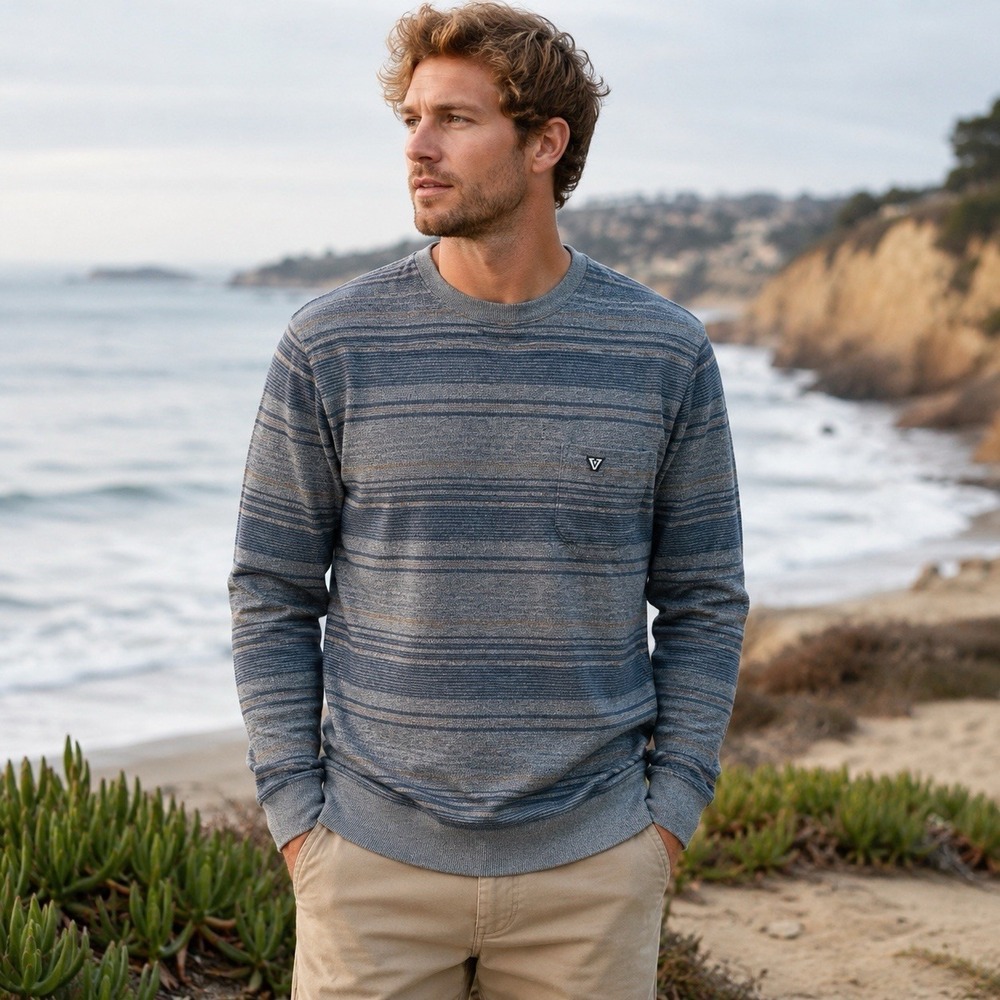 Vissla Crewneck Sweatshirt Mens M Blue Gray Striped Pullover Surf Skate Pocket